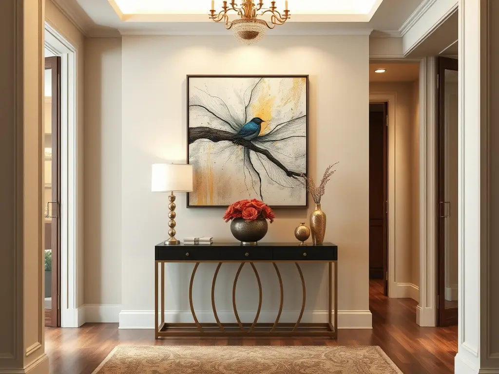 Elegant foyer featuring a striking framed bird artwork, showcasing Kynform’s curated statement wall art for luxury interiors.