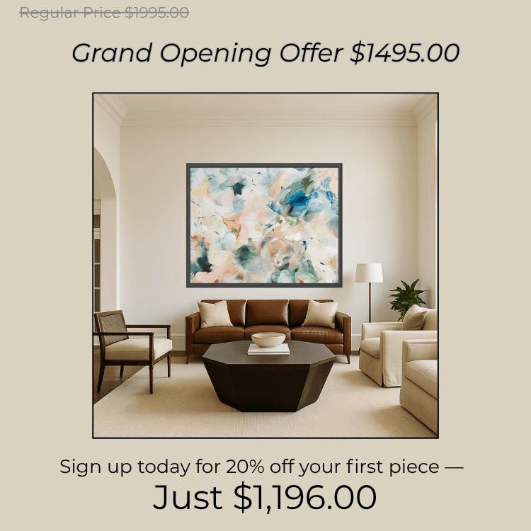 Large framed abstract art above a modern living room sofa, promoting the Own the Wall collection with a grand opening offer of $1,495 and an additional 20% off for first-time buyers.