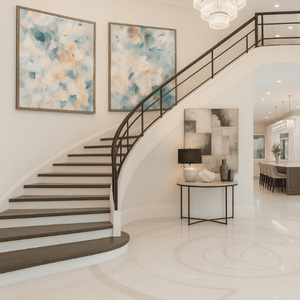 Beautiful Grand Curved Stairway with Pair of Matching Abstract Framed Canvas's