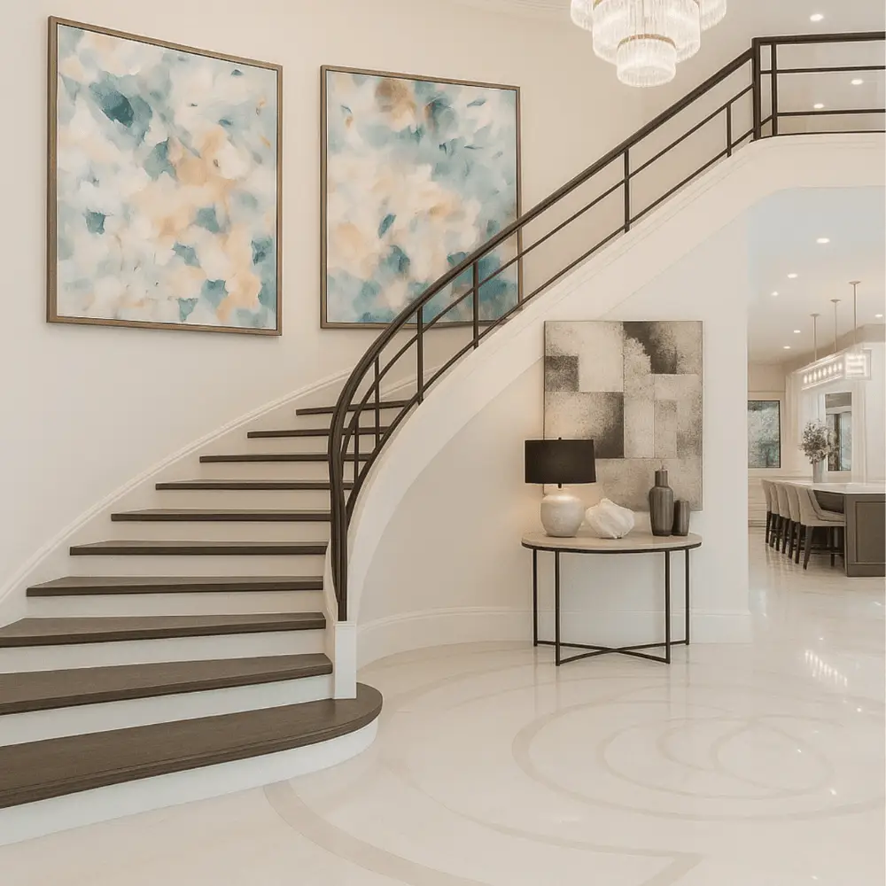 Beautiful Grand Curved Stairway with Pair of Matching Abstract Framed Canvas's