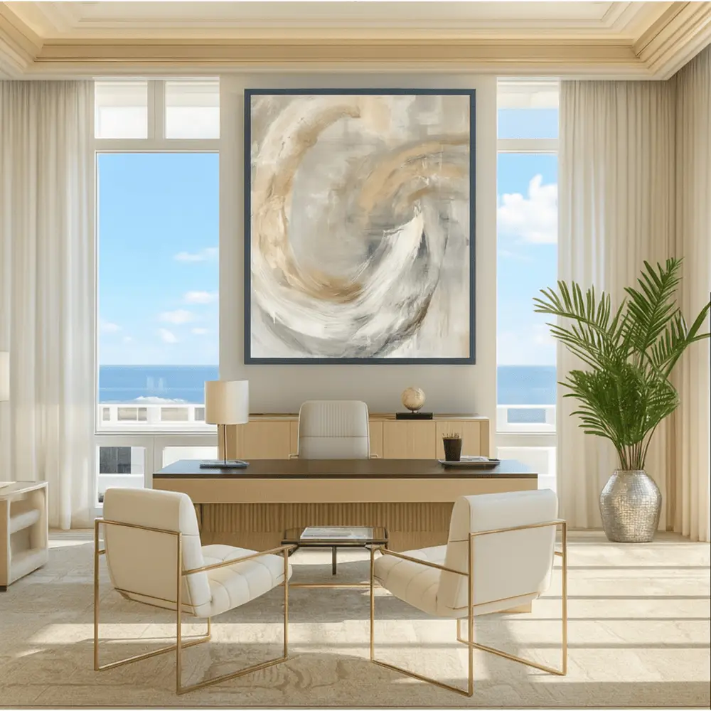 Modern Coastal Office with Vertical Swirl Abstract Framed Canvas