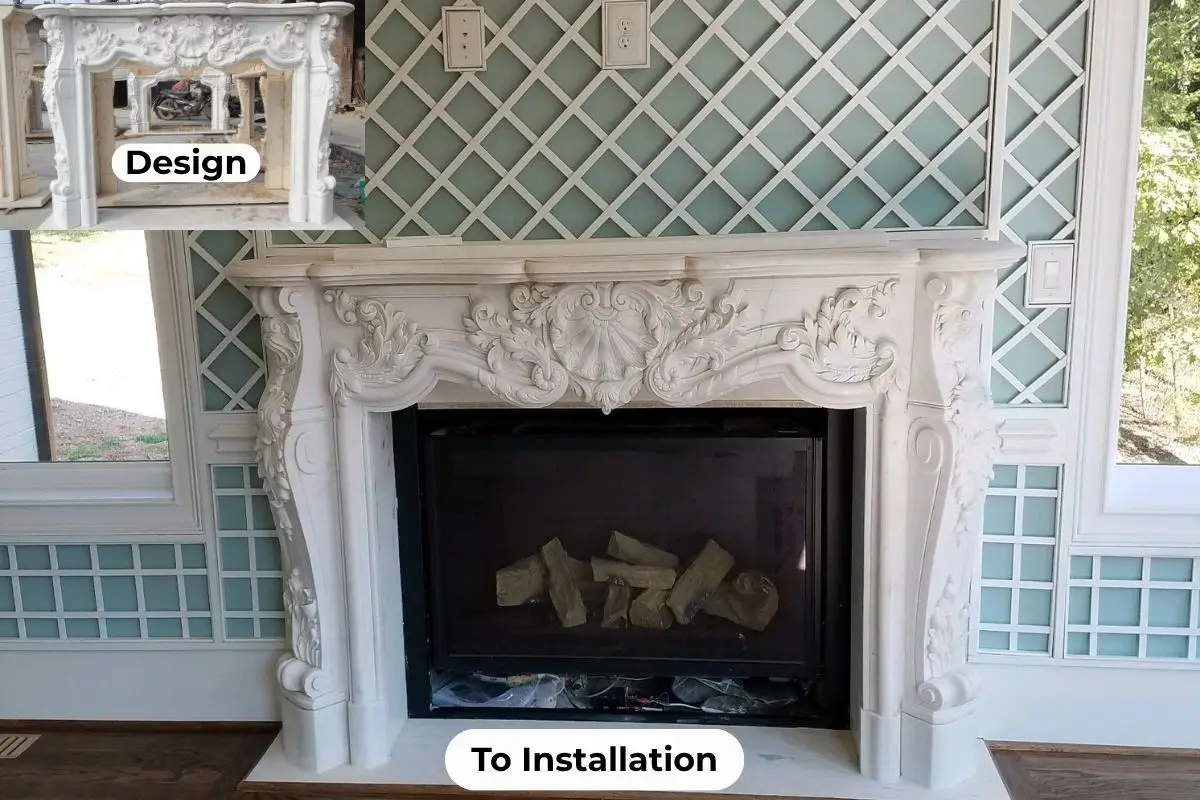 From design to installation — Kynform helped a client source their dream marble mantle and complete the project with a custom lattice wall backdrop.